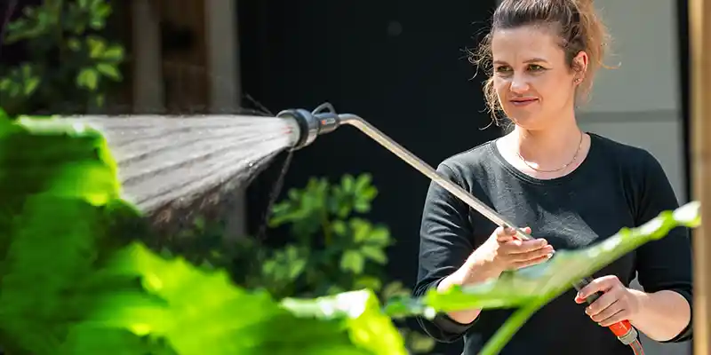 Female service worker watering plants,